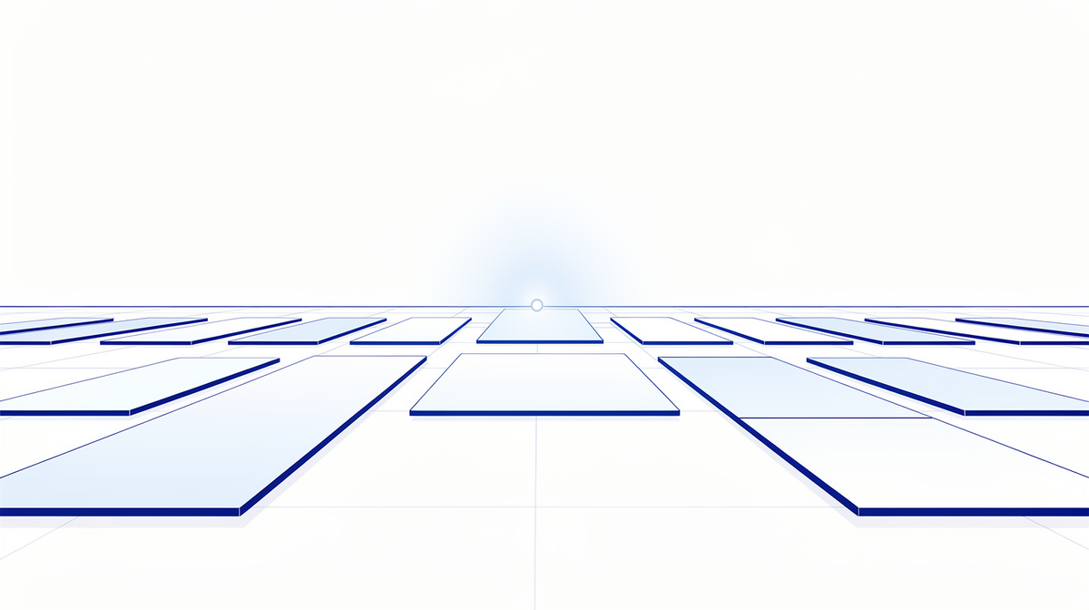 Bright cobalt-blue and white blueprint illustration with light panels whose lines converge on a single central node.