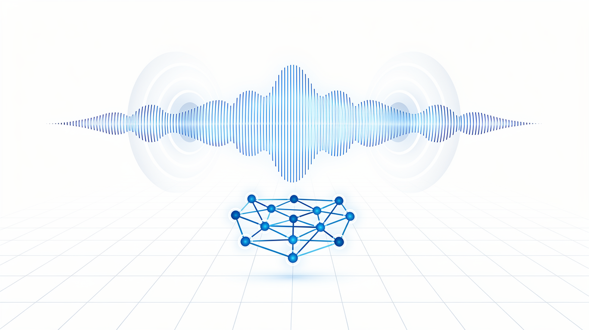 Cobalt audio waveform above a cluster of connected glowing nodes on white.