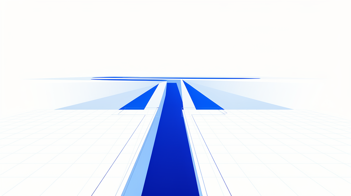 Ein enger blauer Linienkanal, der sich zu einem weiten hellen Horizont öffnet.