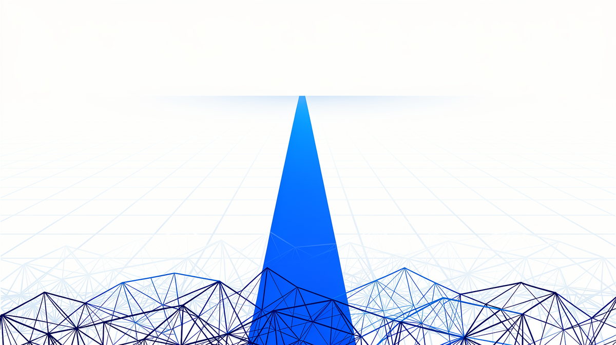 Bright blueprint illustration with tangled fine blue lines resolving into one clean rising path toward a horizon.