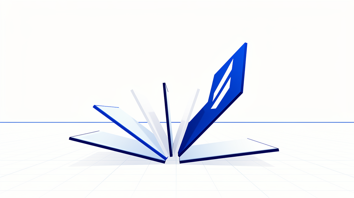 Bright blue and white blueprint illustration with a tidy fan of light panels, one panel rising toward a calm horizon.
