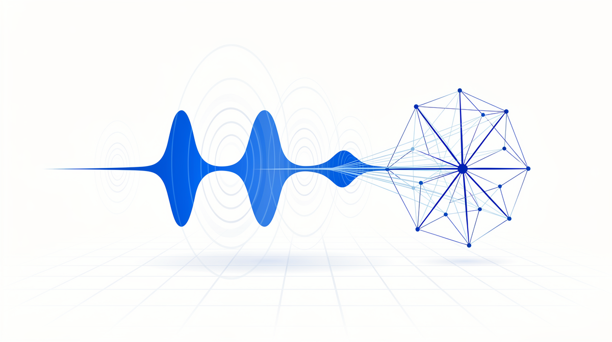 Cobalt audio waveform with sound ripples beside a light lattice converging into one ordered node on white