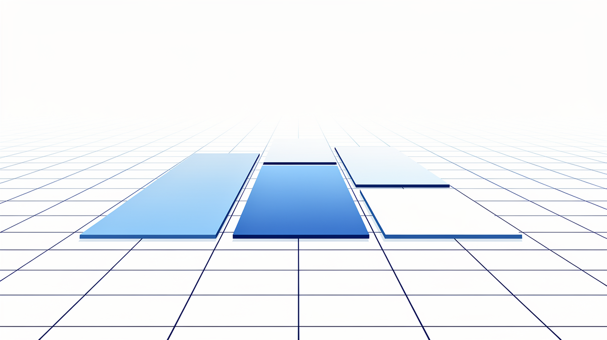 Bright blueprint illustration with a perspective grid and a neat row of soft blue panels leading to a calm horizon.