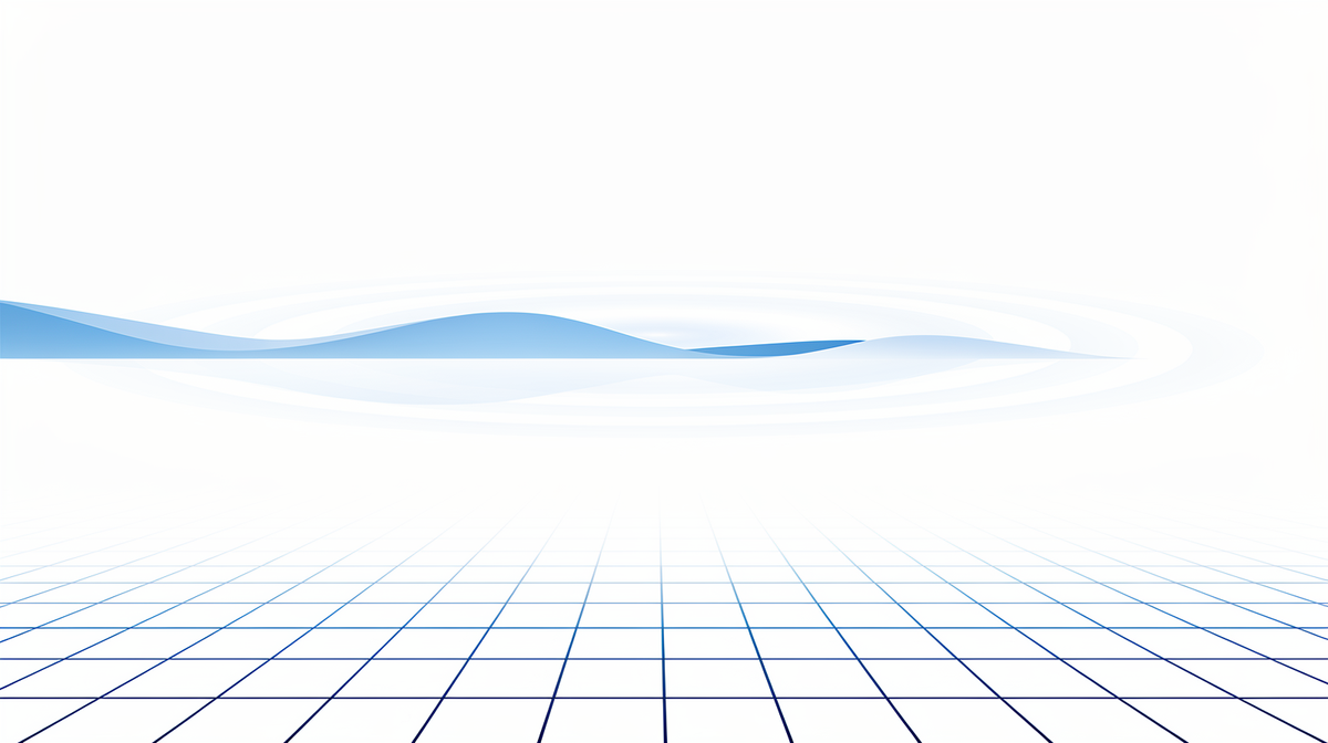 Zachte cobalt golfvorm met concentrische rimpels boven een licht blauw perspectiefraster.