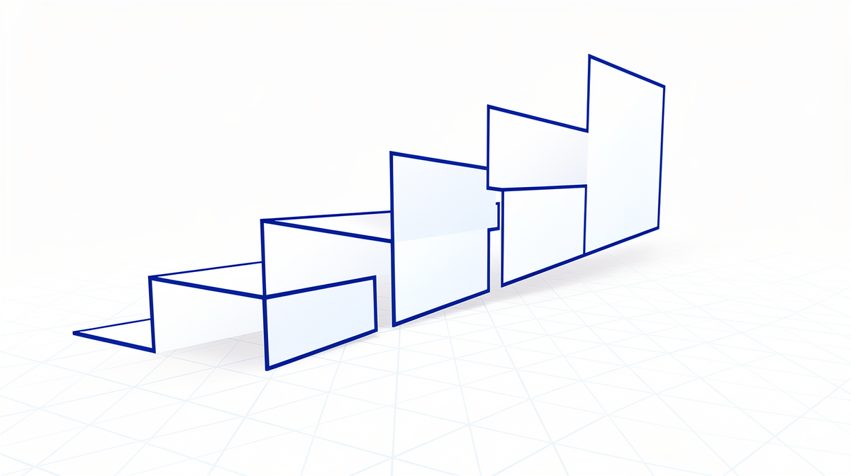Five light cards as ascending steps with cobalt accents on white.