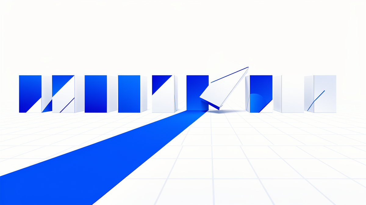 A row of light cards, some tipping, a cobalt path steering past on white.