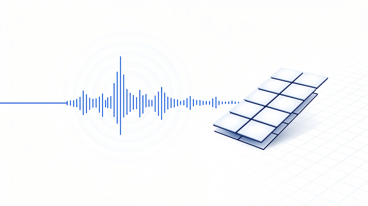 Cobalt audio waveform with concentric ripples beside an unfolding angular sheet-metal plane on bright white