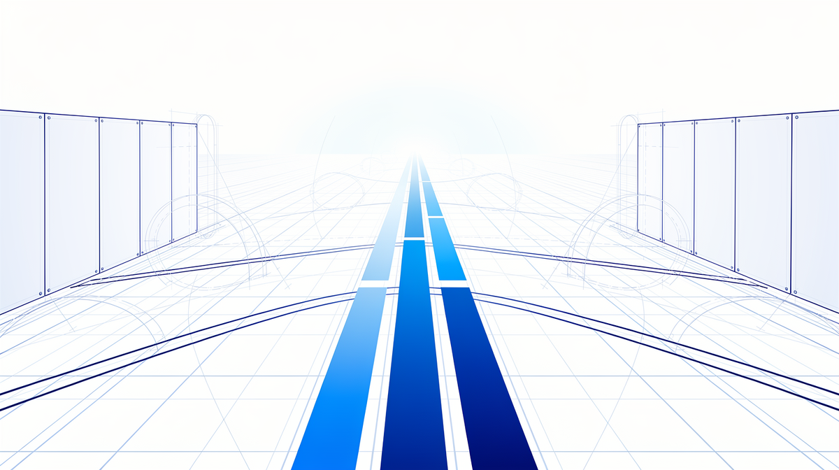 Een route van cobaltblauwe banen over een licht perspectiefgrid, naar een open horizon