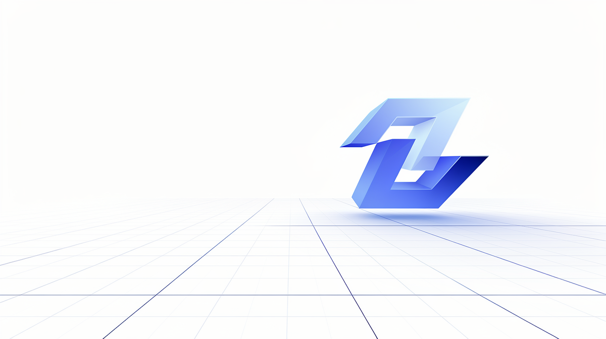 Bright blue-on-white illustration with translucent stacked planes and a perspective grid rising toward a calm horizon.