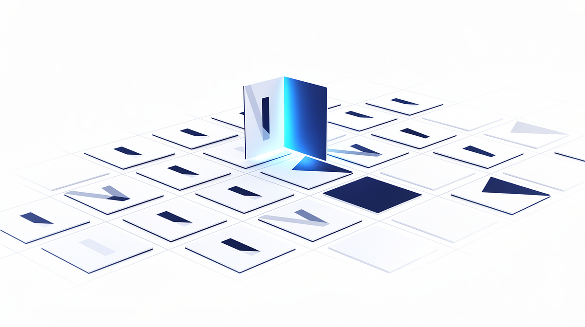A grid of light cards with one opening like a cobalt portal on white.