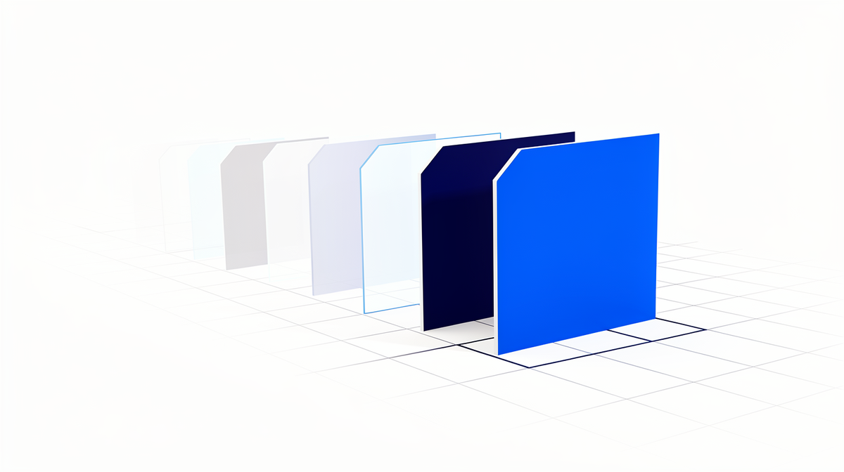 A row of pale cards with one cobalt card pulling ahead on white.