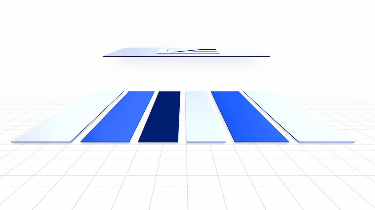 Rij lichte panelen op een blauw perspectiefraster, met één plaatvlak dat rustig boven de rij uitkomt.