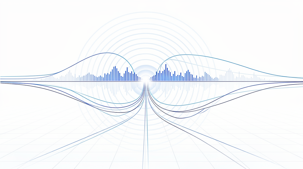 Cobalt audio waveform with sound ripples and fine lines converging into one node on airy white