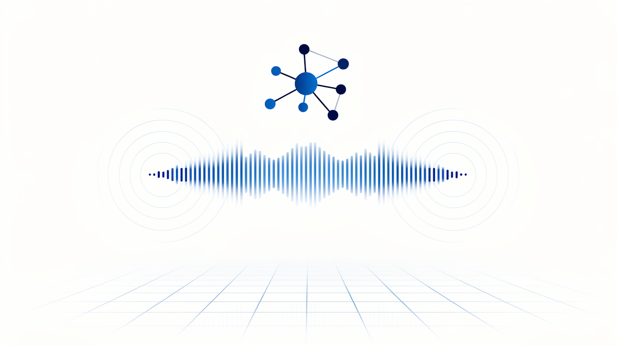 Cobalt audio waveform with sound ripples and an abstract network of linked nodes on white, podcast cover