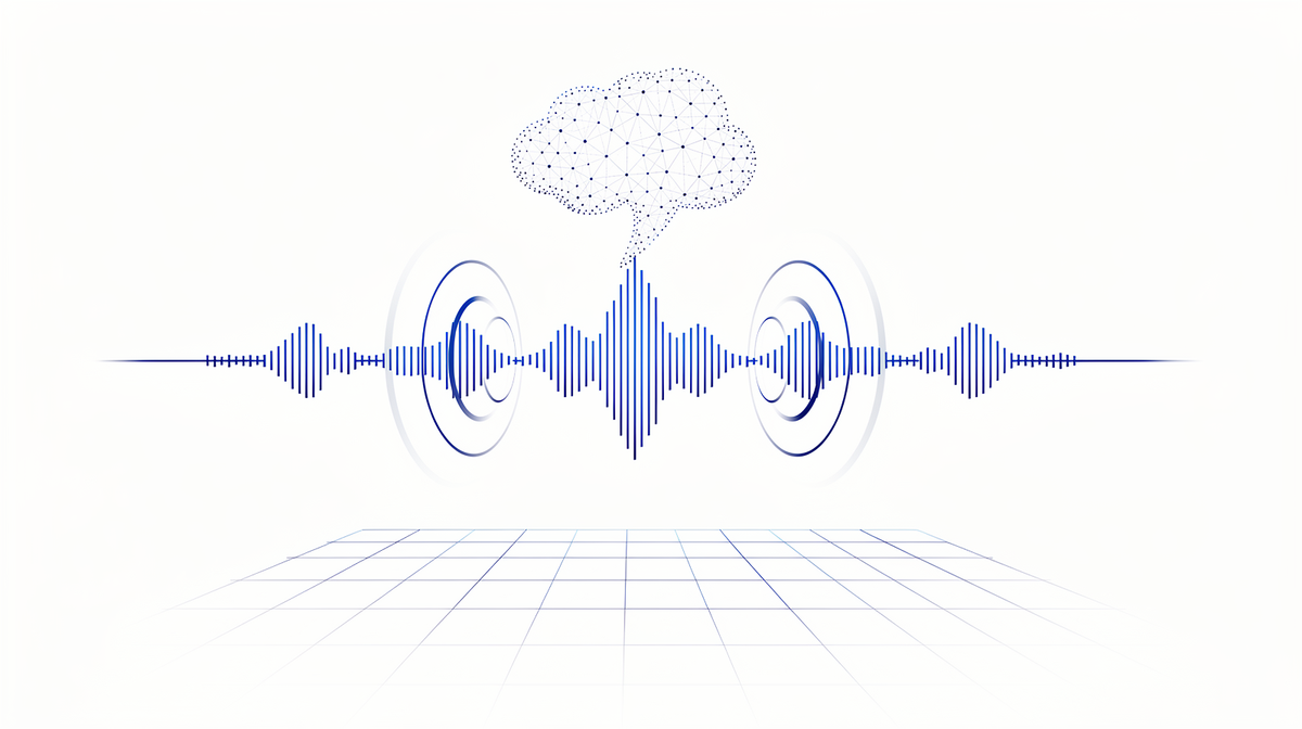 Cobalt audio waveform with sound ripples beneath a soft dotted cloud-like shape rising from a flat plane, on airy white.