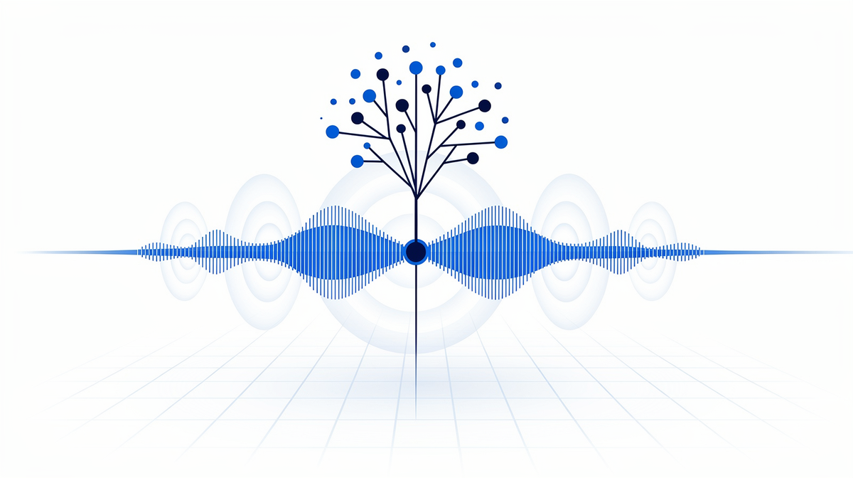 Cobalt audio waveform with concentric ripples and fine lines linking scattered dots into one central hub on white.