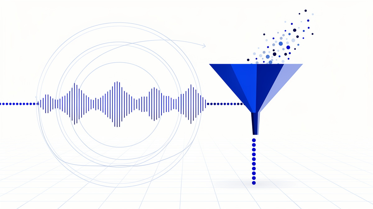 Cobalt audio waveform with sound ripples and a filter funnel refining scattered dots into a clean ordered row