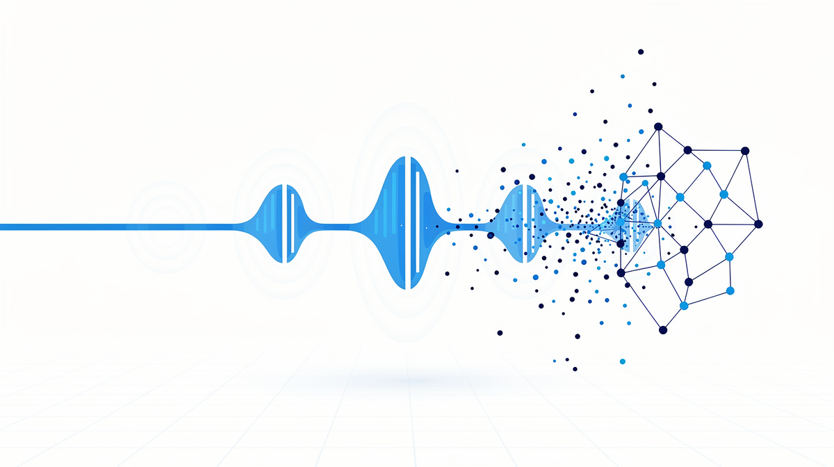 Cobalt audio waveform with sound ripples beside scattered dots resolving into one connected lattice, airy blueprint style