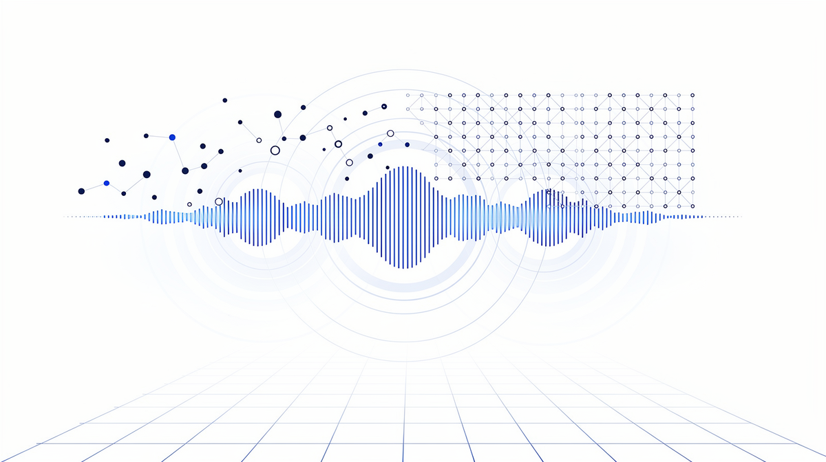 Cobalt audio waveform with sound ripples and a lattice of dots resolving into an ordered grid on white