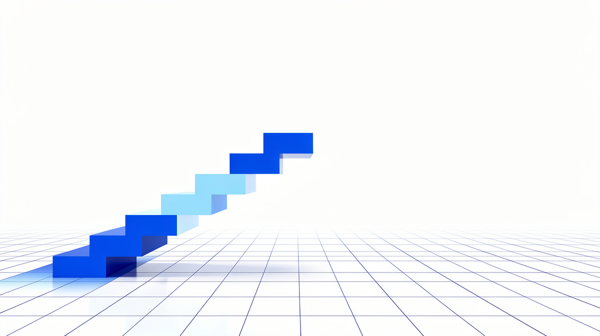 A cobalt staircase climbing toward a bright open horizon on a light workshop grid.