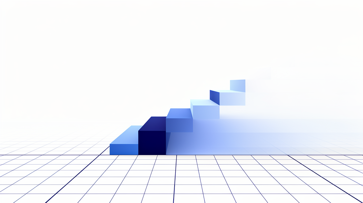 Bright blueprint illustration with a receding grid and a rising staircase of fine blue planes toward a calm horizon.