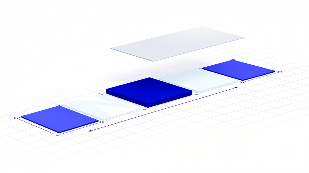 Lichte panelen in een rij op een blauw perspectiefraster, met één plaatvlak rustend boven de rij.