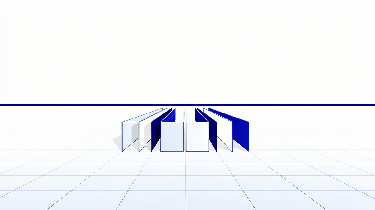 Lichte panelen die naar een fijne cobalt lijn oplopen boven een blauw perspectiefraster bij een heldere horizon.