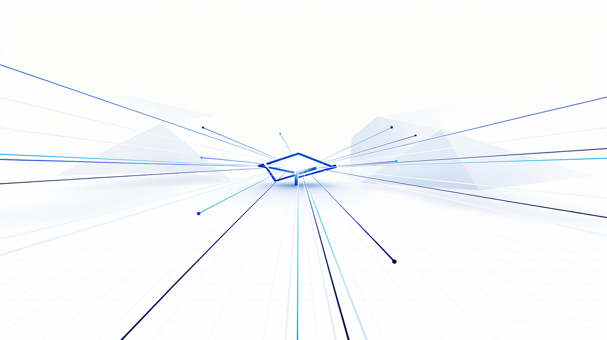 Bright blue-on-white blueprint illustration with fine cobalt lines converging into one central hub.