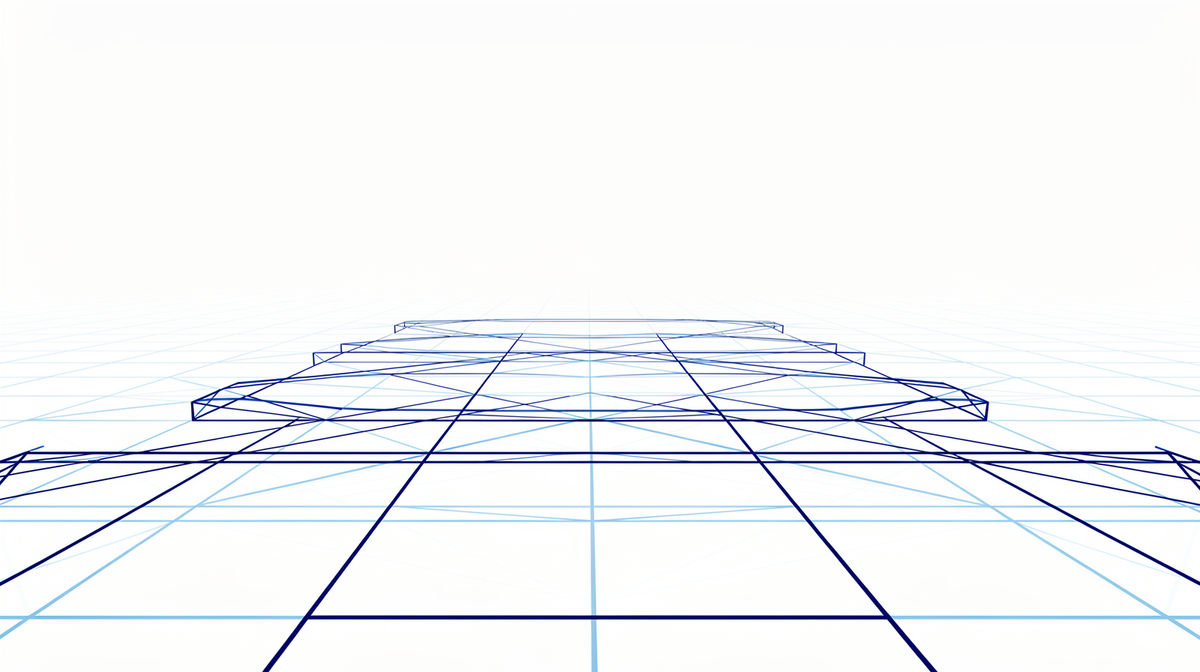 Bright blueprint illustration with a pale blue perspective grid resolving into an ordered cobalt lattice.