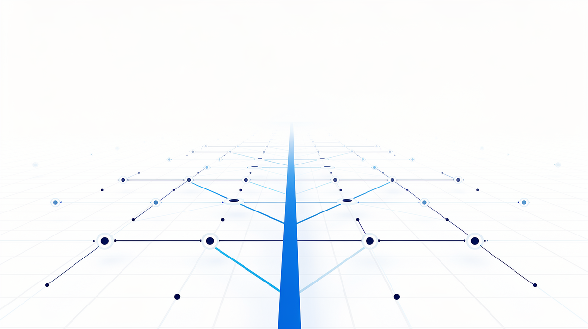 Unified Namespace als centrale ruggengraat: losse knopen die samenkomen op een cobaltblauwe datalijn over een lichte werkvloe