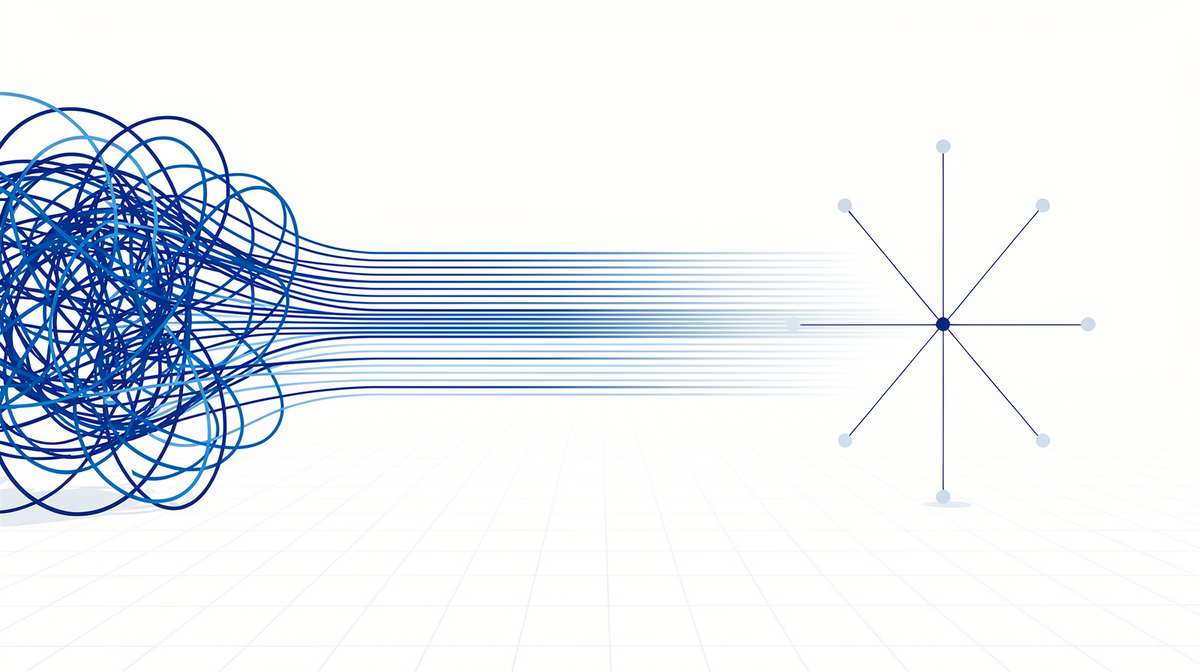 Van spaghetti-integraties naar Unified Namespace: verwarde lijnen die oplossen in een ordelijke centrale hub.
