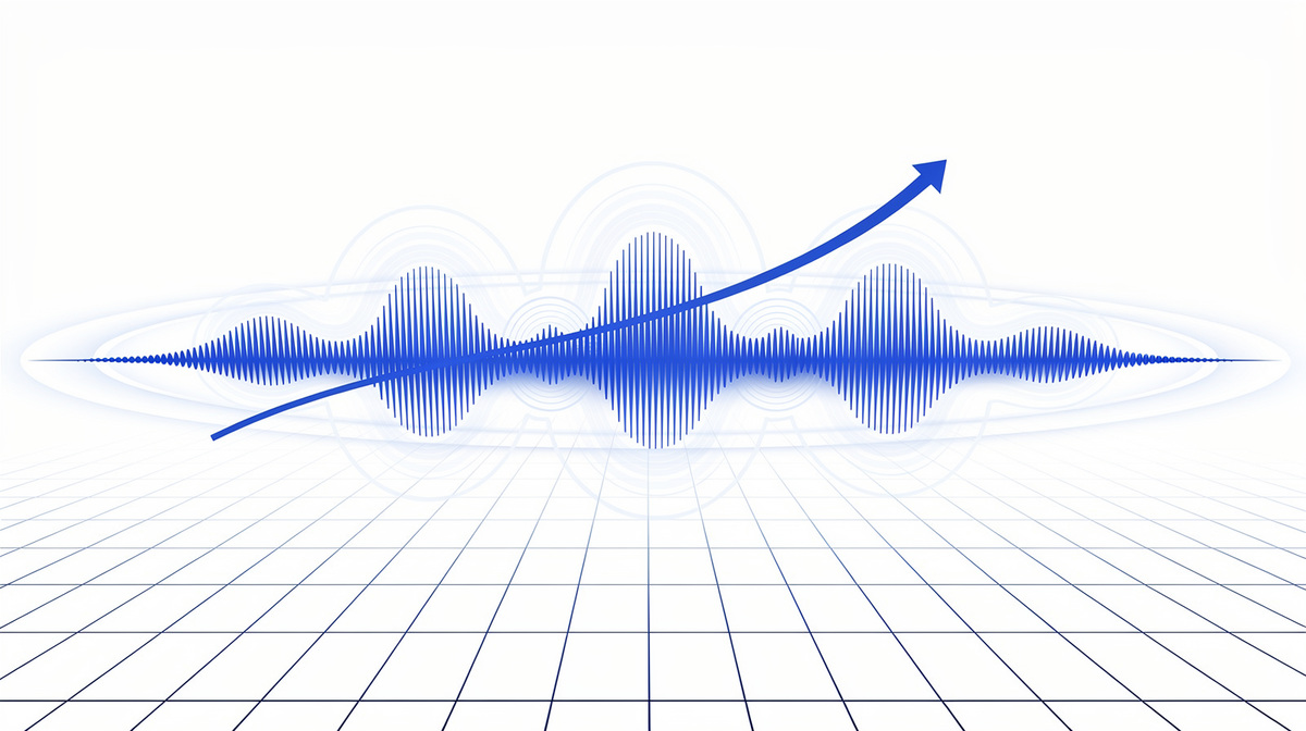 Blauwe audiogolf met concentrische rimpels boven een lichtblauw perspectiefraster.