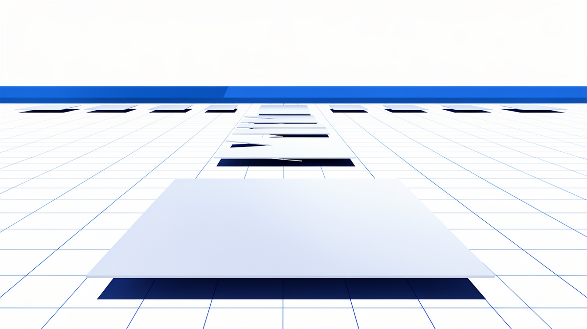 Kleine lichte panelen die boven een blauw perspectiefraster uitgroeien tot één groot plaatvlak bij een zachte horizon.