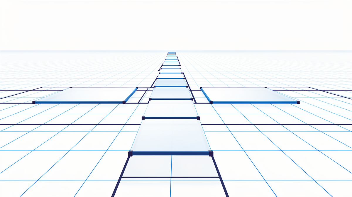 Een fijn cobalt netwerk van lijnen dat lichte panelen verbindt boven een blauw perspectiefraster richting een zachte horizon.