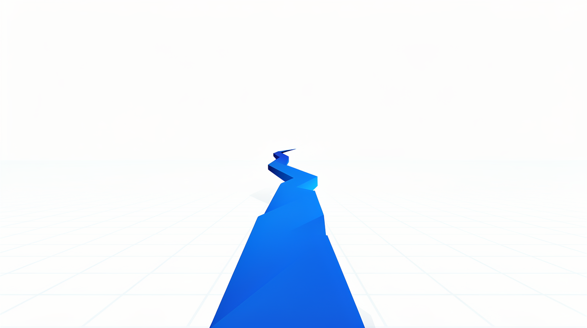 Bright blue-on-white blueprint illustration with a fine cobalt path rising from a soft horizon.