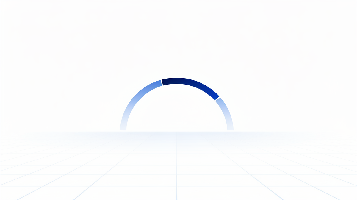 Bright blueprint illustration with a fine cobalt arc rising from a soft horizon on white.