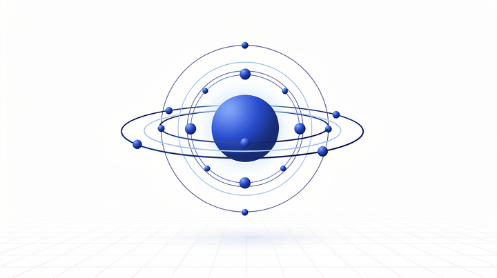 Cobalt sun with fine orbital rings and small spheres floating above a bright blueprint grid
