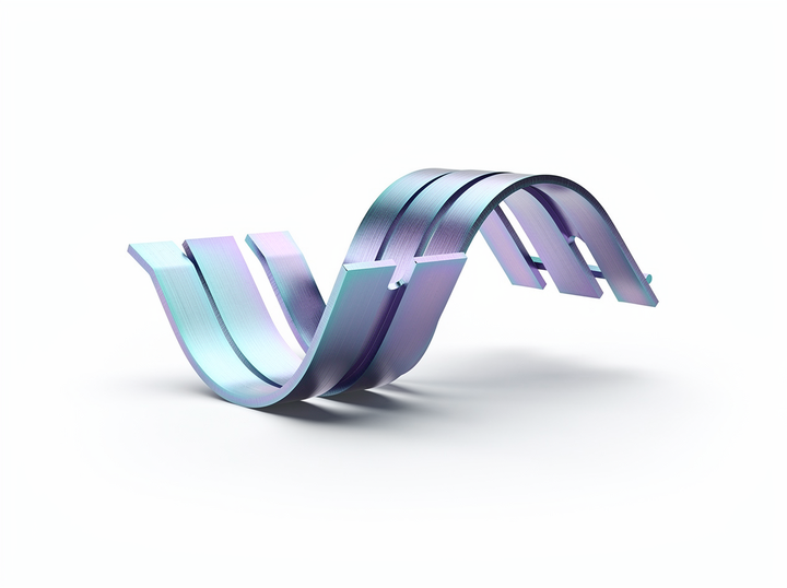 Gevouwen metalen strip golft als snelle S-curve, cyaan-violet reflectie op wit