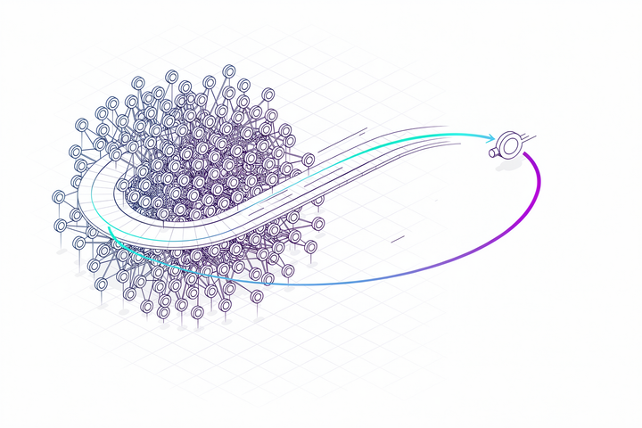 Drukke cluster nodes op één spoor terwijl één node wegzwenkt over een eigen cyaan-violette curve de ruimte in