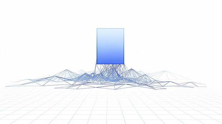 Bright blue and white illustration with one light panel rising free from fine lines toward a calm open horizon.