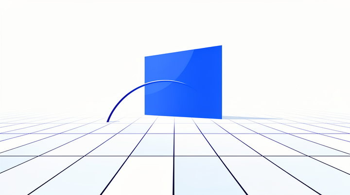 Eén plaatvlak dat rustig boven een waaier van lichte panelen uitkomt op een blauw perspectiefraster.